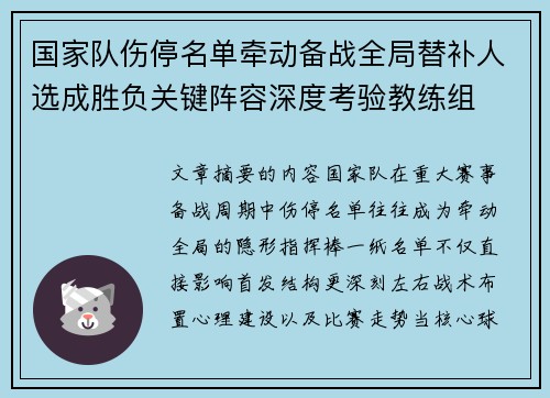 国家队伤停名单牵动备战全局替补人选成胜负关键阵容深度考验教练组